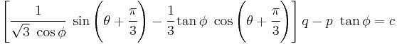 
  \left[\cfrac{1}{\sqrt{3}~\cos\phi}~\sin\left(\theta%2B\cfrac{\pi}{3}\right) - \cfrac{1}{3}\tan\phi~\cos\left(\theta%2B\cfrac{\pi}{3}\right)\right]q - p~\tan\phi = c
 