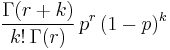  \frac{\Gamma(r%2Bk)}{k!\,\Gamma(r)}\,p^r\,(1-p)^k \,