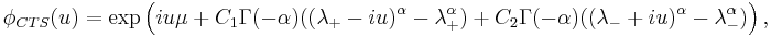 \phi_{CTS}(u) = \exp\left( iu\mu
%2BC_1\Gamma(-\alpha)((\lambda_%2B-iu)^\alpha-\lambda_%2B^\alpha)
%2BC_2\Gamma(-\alpha)((\lambda_-%2Biu)^\alpha-\lambda_-^\alpha)
\right),