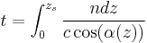 
t =  \int_{0}^{z_s}   { n dz \over c \cos(\alpha(z)) } 
