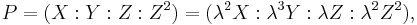 P= (X:Y:Z:Z^{2}) = (\lambda^{2}X:\lambda^{3}Y:\lambda Z:\lambda^{2}Z^{2}),