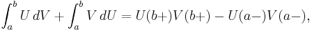 \int_a^b U\,dV%2B\int_a^b V\,dU=U(b%2B)V(b%2B)-U(a-)V(a-),