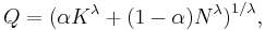 Q=\big(\alpha K^\lambda %2B (1-\alpha) N^\lambda\big)^{1/\lambda},\,