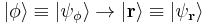  | \phi \rangle \equiv | \psi_\phi \rangle \rightarrow | \mathbf{r} \rangle \equiv | \psi_\mathbf{r} \rangle 