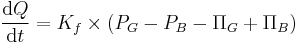 {\operatorname{d}Q\over\operatorname{d}t} = K_f \times (P_G - P_B - \Pi_G %2B \Pi_B)