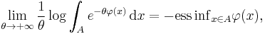 \lim_{\theta \to %2B \infty} \frac1{\theta} \log \int_{A} e^{- \theta \varphi(x)} \, \mathrm{d} x = - \mathop{\mathrm{ess \, inf}}_{x \in A} \varphi(x),