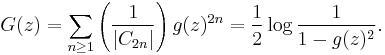  G(z) = \sum_{n\ge 1} \left(\frac{1}{|C_{2n}|}\right) g(z)^{2n} = 
\frac{1}{2} \log \frac{1}{1-g(z)^2}.