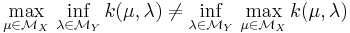 
\max_{\mu\in{\mathcal M}_X}\,\inf_{\lambda\in{\mathcal M}_Y}k(\mu,\lambda)\neq
\inf_{\lambda\in{\mathcal M}_Y}\,\max_{\mu\in{\mathcal M}_X} k(\mu,\lambda)
