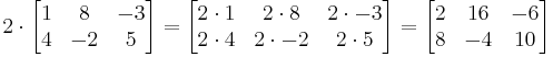 2 \cdot

\begin{bmatrix}
1 & 8 & -3 \\
4 & -2 & 5
\end{bmatrix}
=
\begin{bmatrix}
2 \cdot 1 & 2\cdot 8 & 2\cdot -3 \\
2\cdot 4 & 2\cdot -2 & 2\cdot 5
\end{bmatrix}
=
\begin{bmatrix}
2 & 16 & -6 \\
8 & -4 & 10
\end{bmatrix}
