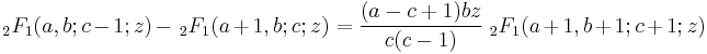  \; {}_2F_1(a,b;c-1;z)- \, {}_2F_1(a%2B1,b;c;z) = \frac{(a-c%2B1)bz}{c(c-1)} \; {}_2F_1(a%2B1,b%2B1;c%2B1;z)