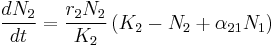  \frac{dN_2}{dt} = \frac{r_2N_2}{K_2}\left( K_2 - N_2 %2B \alpha_{21}N_1 \right) 