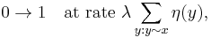 0\rightarrow1\quad\mbox{at rate }\lambda\sum_{y:y\sim x}\eta(y),