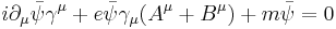 i \partial_\mu \bar{\psi} \gamma^\mu %2B e\bar{\psi}\gamma_\mu (A^\mu%2BB^\mu) %2B m \bar{\psi} = 0 \,