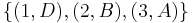  \{ (1,D), (2,B), (3,A) \} 