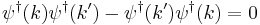 
\psi^\dagger(k) \psi^\dagger(k') - \psi^\dagger(k')\psi^\dagger(k) =0
\,