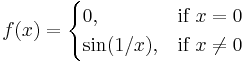 f(x) = \begin{cases} 0, & \mbox{if }x =0 \\ \sin(1/x), & \mbox{if } x \neq 0 \end{cases} 