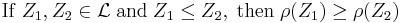 \mathrm{If}\; Z_1,Z_2 \in \mathcal{L} \;\mathrm{and}\; Z_1 \leq Z_2 ,\; \mathrm{then} \; \rho(Z_1) \geq \rho(Z_2)