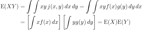 
\begin{align}
\operatorname{E}(XY) & = \int \int xy \,j(x,y)\,dx\,dy=
\int\int x y f(x) g(y)\,dy\,dx \\
& = \left[\int x f(x)\,dx\right]\left[\int y g(y)\,dy\right]=\operatorname{E}(X)\operatorname{E}(Y)
\end{align}
