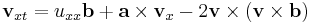 \displaystyle \mathbf{v}_{xt}=u_{xx}\mathbf{b}%2B\mathbf{a}\times\mathbf{v}_x-
2\mathbf{v}\times(\mathbf{v}\times\mathbf{b})