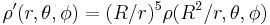 \rho'(r,\theta,\phi)=(R/r)^5\rho(R^2/r,\theta,\phi)\,