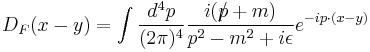  D_{F}(x-y) = \int \frac{d^{4}p}{(2\pi)^{4}} \frac{i(p\!\!\!/ %2B m)}{p^{2}-m^{2}%2Bi \epsilon}e^{-ip \cdot (x-y)}