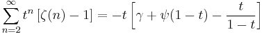 \sum_{n=2}^\infty t^n \left[\zeta(n)-1\right] = 
-t\left[\gamma %2B\psi(1-t) -\frac{t}{1-t}\right]
