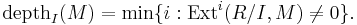  \mathrm{depth}_I(M) = \min \{i: \operatorname{Ext}^i(R/I,M)\ne 0\}. 