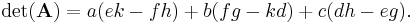 \det(\mathbf{A}) = a(ek-fh)%2Bb(fg-kd)%2Bc(dh-eg).