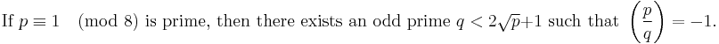 
\text{If }p \equiv 1 \pmod 8 \text{ is prime, then there exists an odd prime }q <2\sqrt p%2B1 \text{ such that }\left(\frac{p}{q}\right) = -1.
