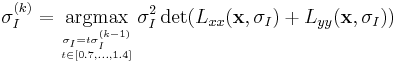 
\sigma_I^{(k)} = \underset{{\sigma_I = t\sigma_I^{(k-1)}\atop t \in [0.7, \dots, 1.4]}}{\operatorname{argmax}} \, \sigma_I^2 \det(L_{xx}(\mathbf{x}, \sigma_I) %2B L_{yy}(\mathbf{x},\sigma_I))
