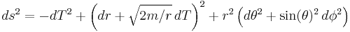  ds^2 = -dT^2 %2B \left( dr %2B \sqrt{2m/r} \, dT \right)^2 %2B r^2 \left( d\theta^2 %2B \sin(\theta)^2 \, d\phi^2 \right) 