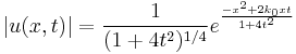 |u(x,t)| = \frac{1}{(1%2B4t^2)^{1/4}}e^{\frac{-x^2%2B2k_0xt}{1%2B4t^2}}