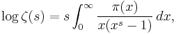 \log \zeta(s) = s \int_0^\infty \frac{\pi(x)}{x(x^s-1)}\,dx,