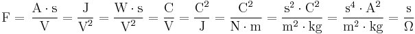 \mbox{F}
= \,\mathrm \frac{A \cdot s}{V}
= \dfrac{\mbox{J}}{\mbox{V}^2}
= \dfrac{\mbox{W} \cdot \mbox{s}}{\mbox{V}^2}
= \dfrac{\mbox{C}}{\mbox{V}}
= \dfrac{\mbox{C}^2}{\mbox{J}}
= \dfrac{\mbox{C}^2}{\mbox{N} \cdot \mbox{m}}
= \dfrac{\mbox{s}^2 \cdot \mbox{C}^2}{\mbox{m}^{2} \cdot \mbox{kg}}
= \dfrac{\mbox{s}^4 \cdot \mbox{A}^2}{\mbox{m}^{2} \cdot \mbox{kg}}
= \dfrac{\mbox{s}}{\Omega}
