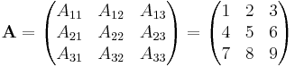 
\mathbf{A} = \begin{pmatrix}
A_{11} & A_{12} & A_{13} \\
A_{21} & A_{22} & A_{23} \\
A_{31} & A_{32} & A_{33}
\end{pmatrix}
= \begin{pmatrix}
1 & 2 & 3 \\
4 & 5 & 6 \\
7 & 8 & 9
\end{pmatrix}