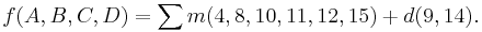 f(A,B,C,D) =\sum m(4,8,10,11,12,15) %2B d(9,14).  \,