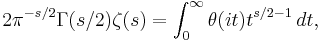 2\pi^{-s/2}\Gamma(s/2)\zeta(s) = \int_0^\infty \theta(it)t^{s/2-1}\,dt,