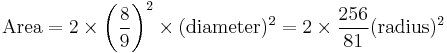  \text{Area} = 2 \times \left(\frac{8}{9}\right)^2 \times (\text{diameter})^2 = 2 \times \frac{256}{81} (\text{radius})^2