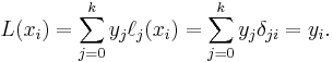 L(x_i) = \sum_{j=0}^{k} y_j \ell_j(x_i) = \sum_{j=0}^{k} y_j \delta_{ji} = y_i.