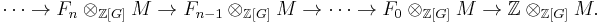  \dots \to F_n\otimes_{\mathbb{Z}[G]}M\to F_{n-1}\otimes_{\mathbb{Z}[G]}M \to\dots \to F_0\otimes_{\mathbb{Z}[G]}M\to \mathbb Z\otimes_{\mathbb{Z}[G]}M.