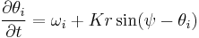  \frac{\partial \theta_i}{\partial t} = \omega_i %2B K r \sin(\psi-\theta_i) 