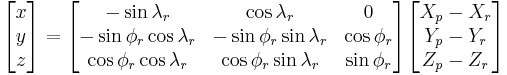 \begin{bmatrix}
x \\
y \\
z\\
\end{bmatrix}
=  \begin{bmatrix}
-\sin\lambda_r & \cos\lambda_r & 0 \\
-\sin\phi_r\cos\lambda_r & -\sin\phi_r\sin\lambda_r & \cos\phi_r \\
\cos\phi_r\cos\lambda_r & \cos\phi_r\sin\lambda_r& \sin\phi_r
\end{bmatrix}
\begin{bmatrix}
X_p - X_r \\
Y_p-Y_r \\
Z_p - Z_r
\end{bmatrix}
