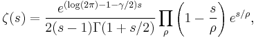 \zeta(s) = \frac{e^{(\log(2\pi)-1-\gamma/2)s}}{2(s-1)\Gamma(1%2Bs/2)} \prod_\rho \left(1 - \frac{s}{\rho} \right) e^{s/\rho},\!