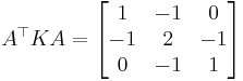 A^\top K A = \begin{bmatrix}1 & -1 & 0 \\ -1 & 2 & -1 \\ 0 & -1 & 1\end{bmatrix}