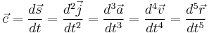 \vec c=\frac {d \vec s} {dt}=\frac {d^2 \vec j} {dt^2}=\frac {d^3 \vec a} {dt^3}=\frac {d^4 \vec v} {dt^4}=\frac {d^5 \vec r} {dt^5}