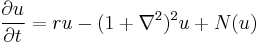 
\frac{\partial u}{\partial t} = r u - (1%2B\nabla^2)^2u %2B N(u)
