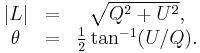 
\begin{matrix}
|L| &=& \sqrt{Q^2%2BU^2}, \\
\theta &=& \frac{1}{2}\tan^{-1}(U/Q). \\
\end{matrix}
