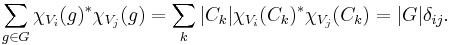 \sum_{g\in G}\chi_{V_i}(g)^*\chi_{V_j}(g)=\sum_{k}|C_k|\chi_{V_i}(C_k)^*\chi_{V_j}(C_k)=|G|\delta_{ij}.