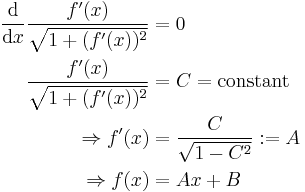  
\begin{align}
\frac{\mathrm{d}}{\mathrm{d}x} \frac{f'(x)}{\sqrt{1 %2B (f'(x))^2}} &= 0 \\ 
\frac{f'(x)}{\sqrt{1 %2B (f'(x))^2}} &= C = \text{constant} \\
\Rightarrow f'(x)&= \frac{C}{\sqrt{1-C^2}}�:= A \\
\Rightarrow f(x) &= Ax %2B B
\end{align}
