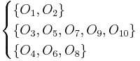 
\begin{cases}
\{O_{1},O_{2}\} \\ 
\{O_{3},O_{5},O_{7},O_{9},O_{10}\} \\ 
\{O_{4},O_{6},O_{8}\} \end{cases}
